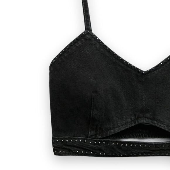 Zara Black Denim Cut Out Crop Top With Rhinestones Ruched Back  US XS - Picture 8 of 11